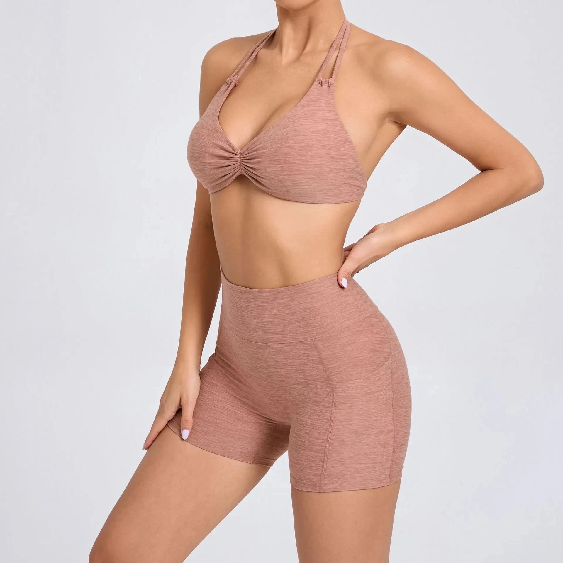 2 Pieces Sports Set Yoga Fitness Waist High Pockets for Raising Hip Shorts Backless Bra Suits Training Leggings Set for Women