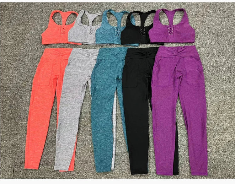 2 Pieces Gym Sports Suit Fitness Suit with Pocket Yoga Training Clothes Yoga Set Sexy Sports Leggings Set Women's Push Up Suit