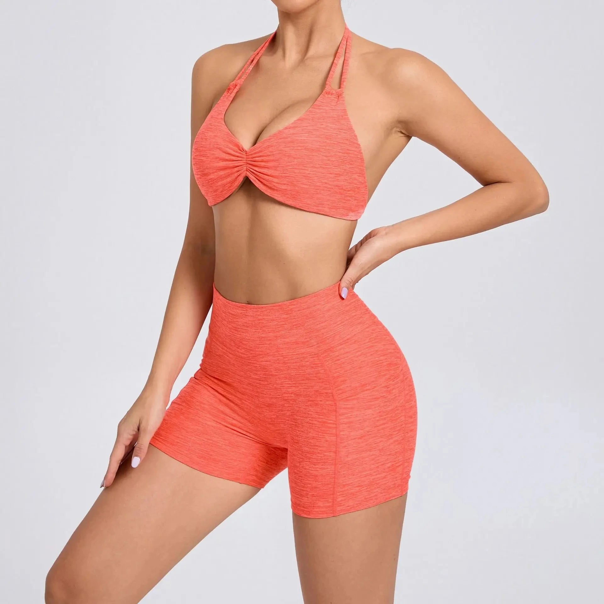 2 Pieces Sports Set Yoga Fitness Waist High Pockets for Raising Hip Shorts Backless Bra Suits Training Leggings Set for Women