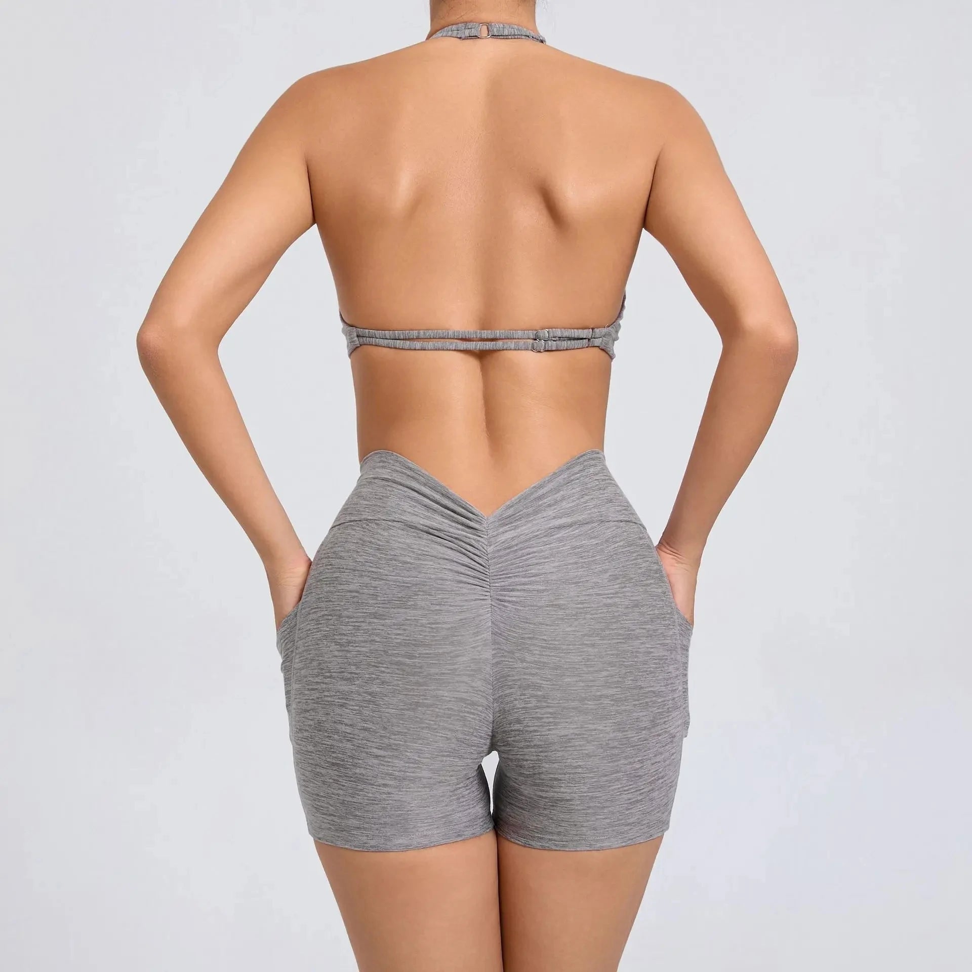 2 Pieces Sports Set Yoga Fitness Waist High Pockets for Raising Hip Shorts Backless Bra Suits Training Leggings Set for Women