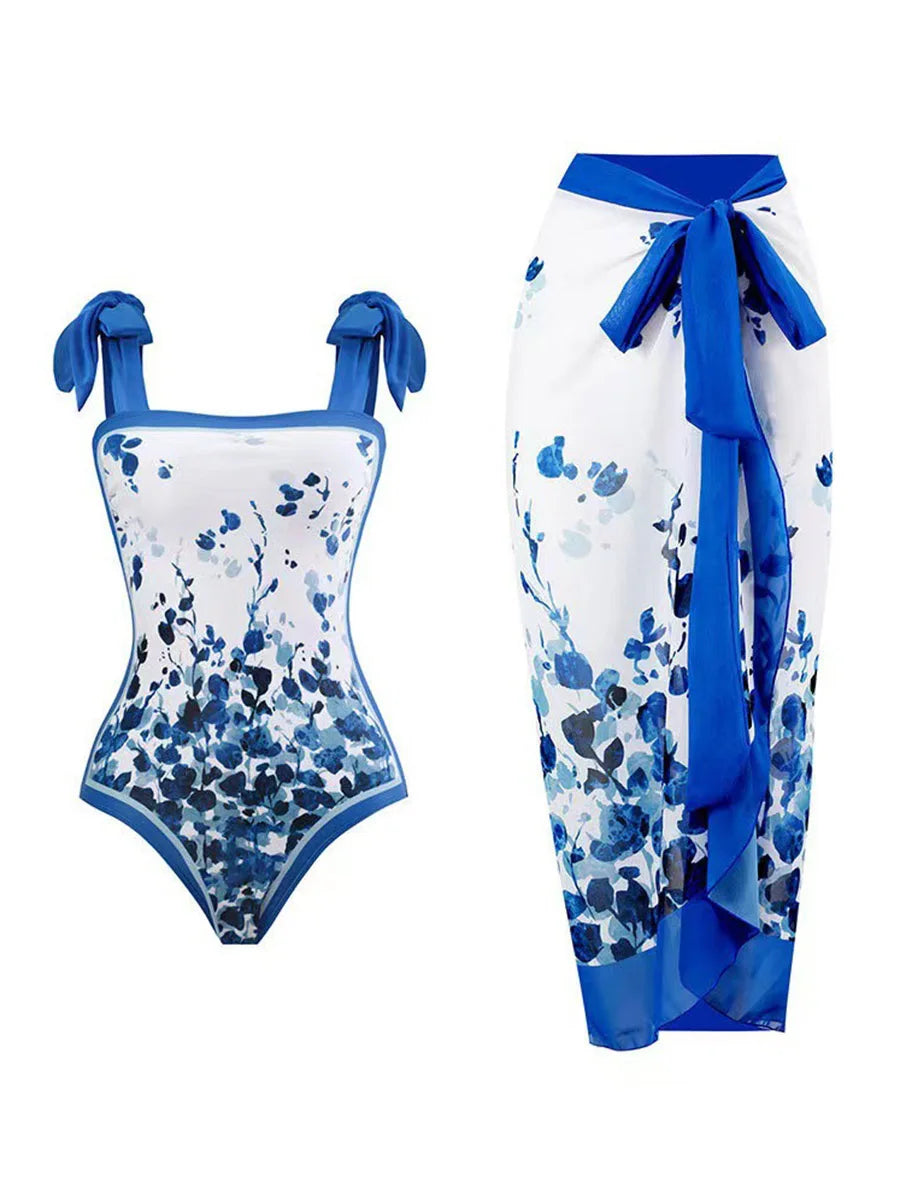 Floral Print One-Piece Swimsuit with Matching Sarong