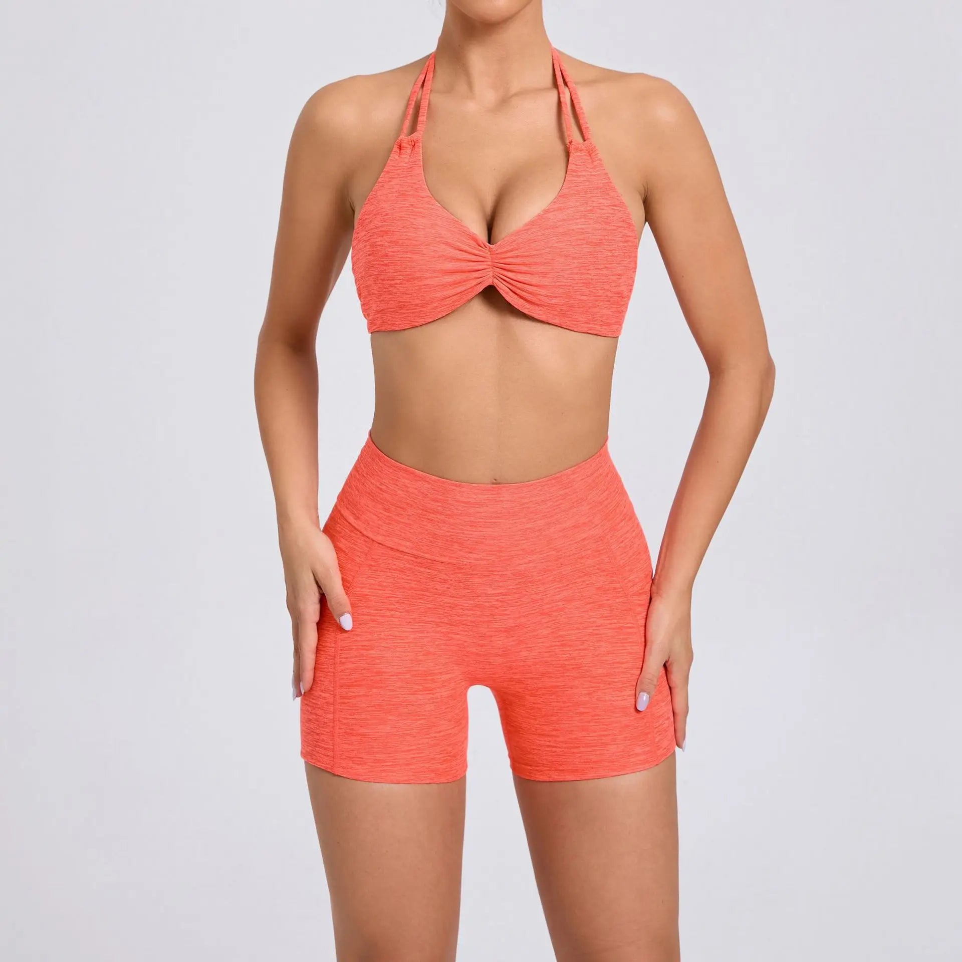 2 Pieces Sports Set Yoga Fitness Waist High Pockets for Raising Hip Shorts Backless Bra Suits Training Leggings Set for Women