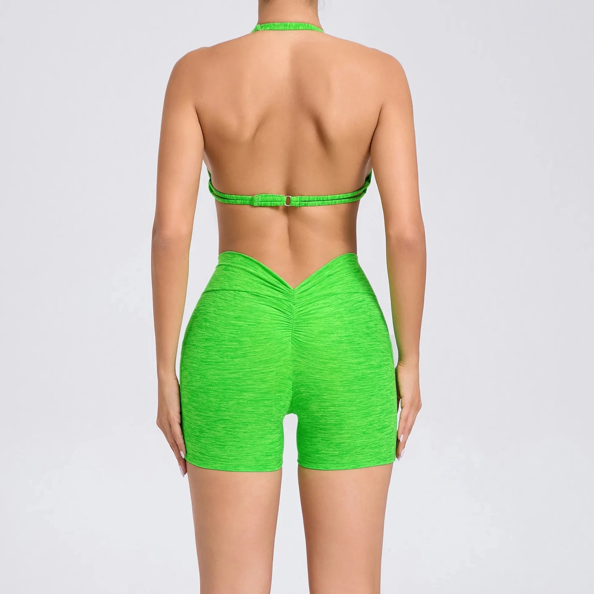 2 Pieces Sports Set Yoga Fitness Waist High Pockets for Raising Hip Shorts Backless Bra Suits Training Leggings Set for Women