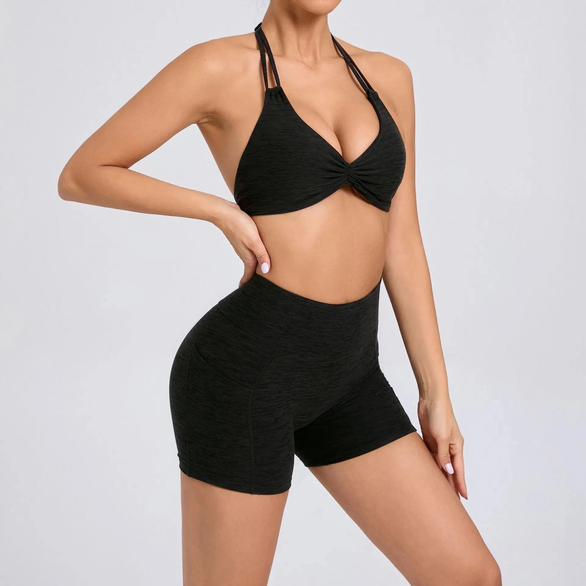 2 Pieces Sports Set Yoga Fitness Waist High Pockets for Raising Hip Shorts Backless Bra Suits Training Leggings Set for Women