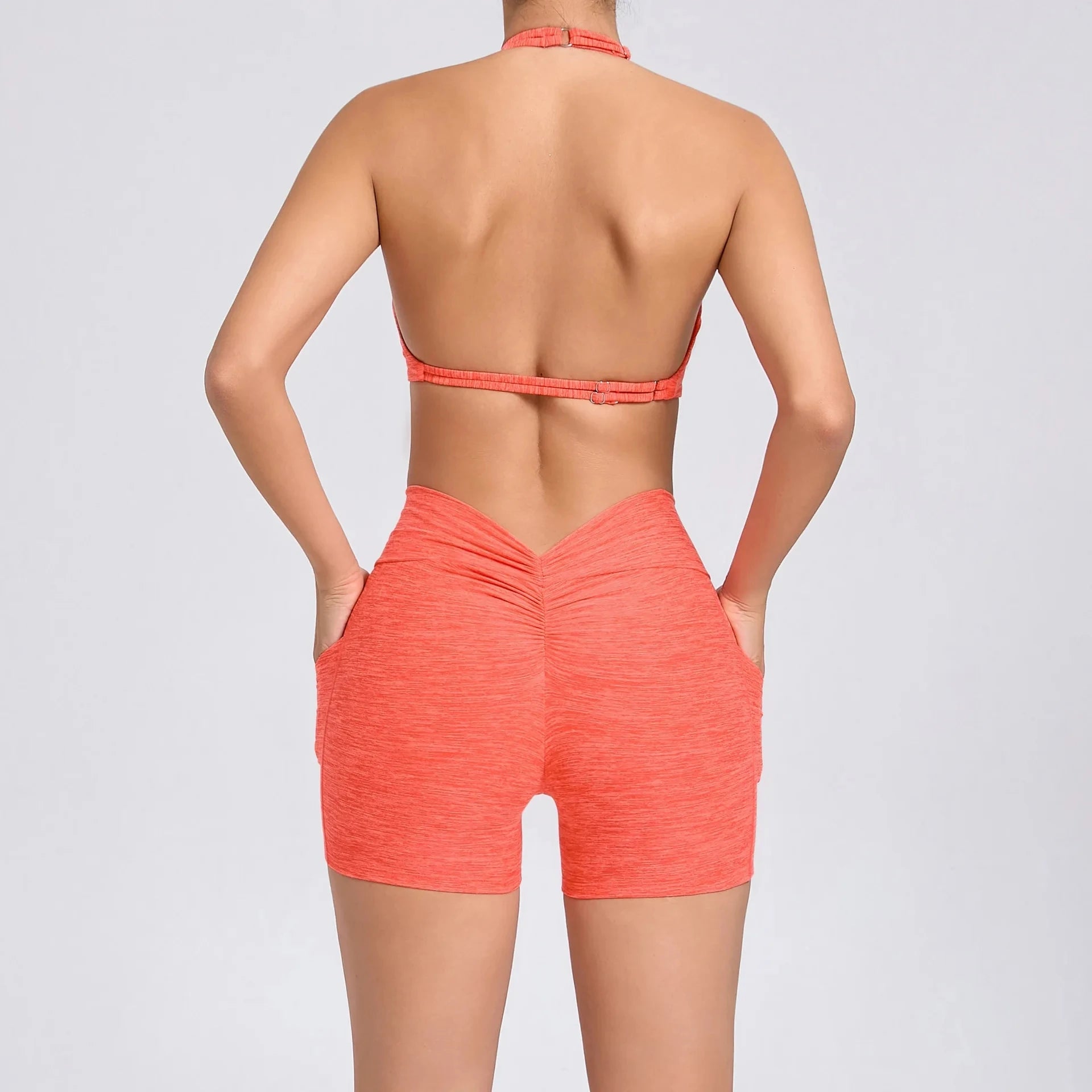 2 Pieces Sports Set Yoga Fitness Waist High Pockets for Raising Hip Shorts Backless Bra Suits Training Leggings Set for Women
