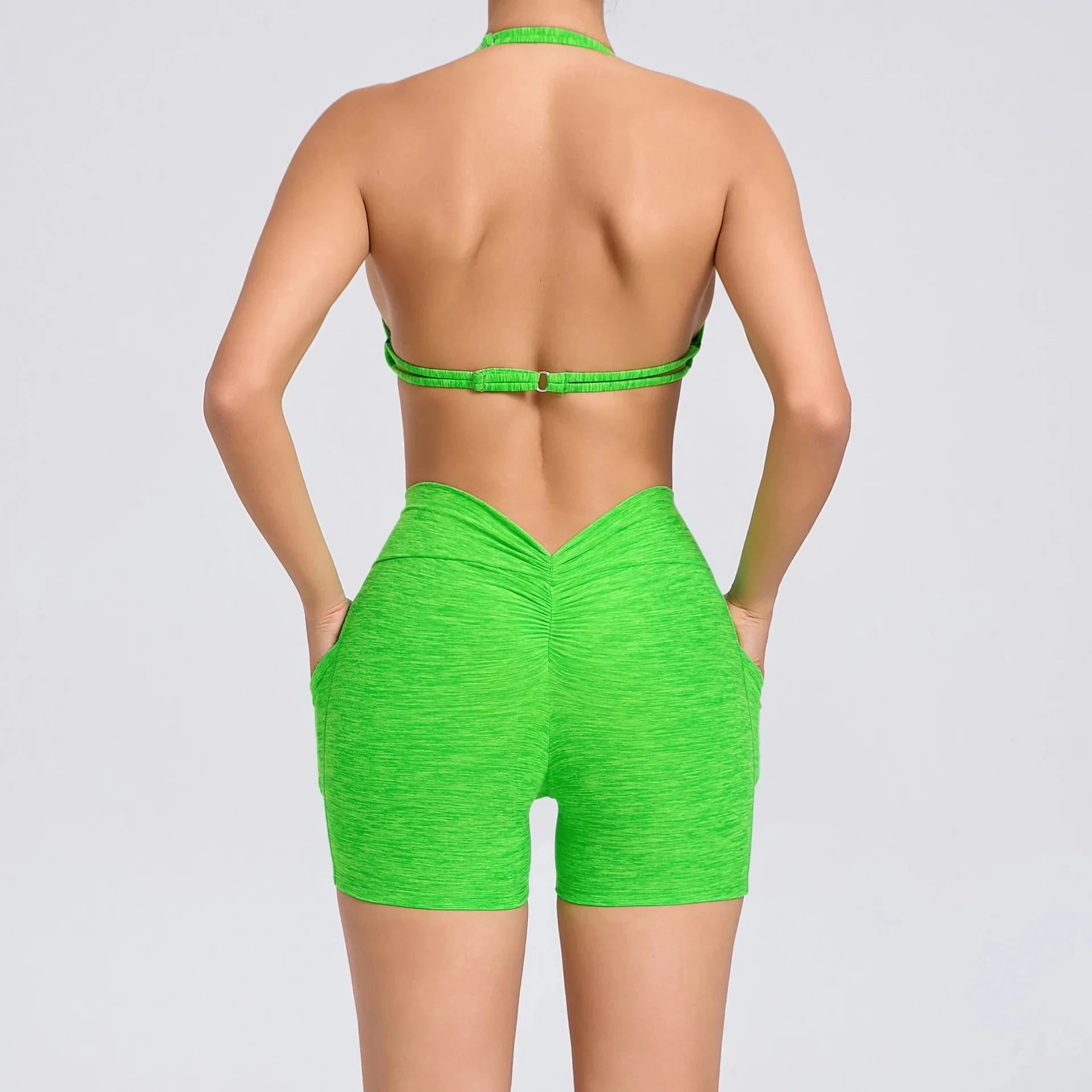 2 Pieces Sports Set Yoga Fitness Waist High Pockets for Raising Hip Shorts Backless Bra Suits Training Leggings Set for Women