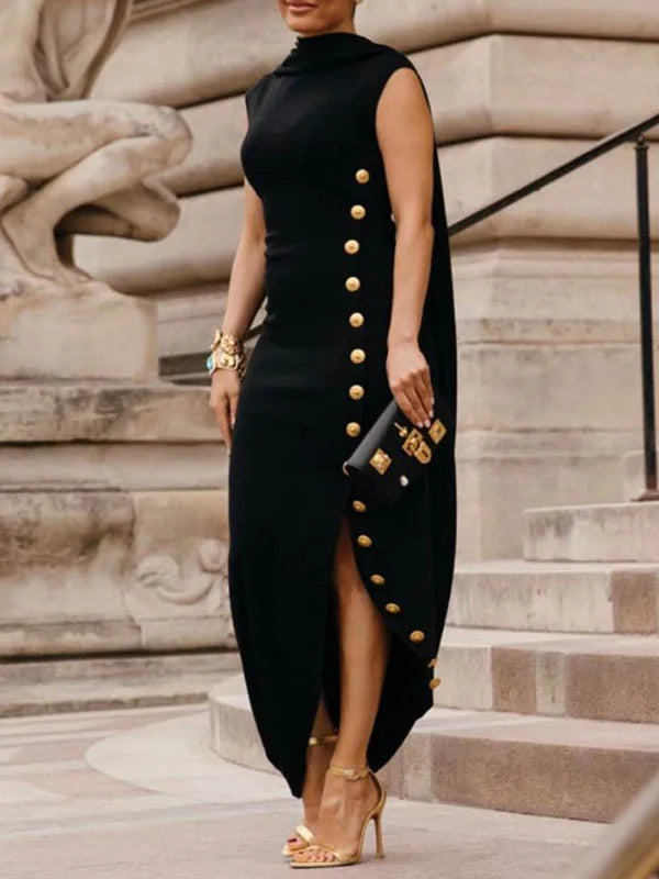Buttoned Side-Slit Draped Maxi Dress