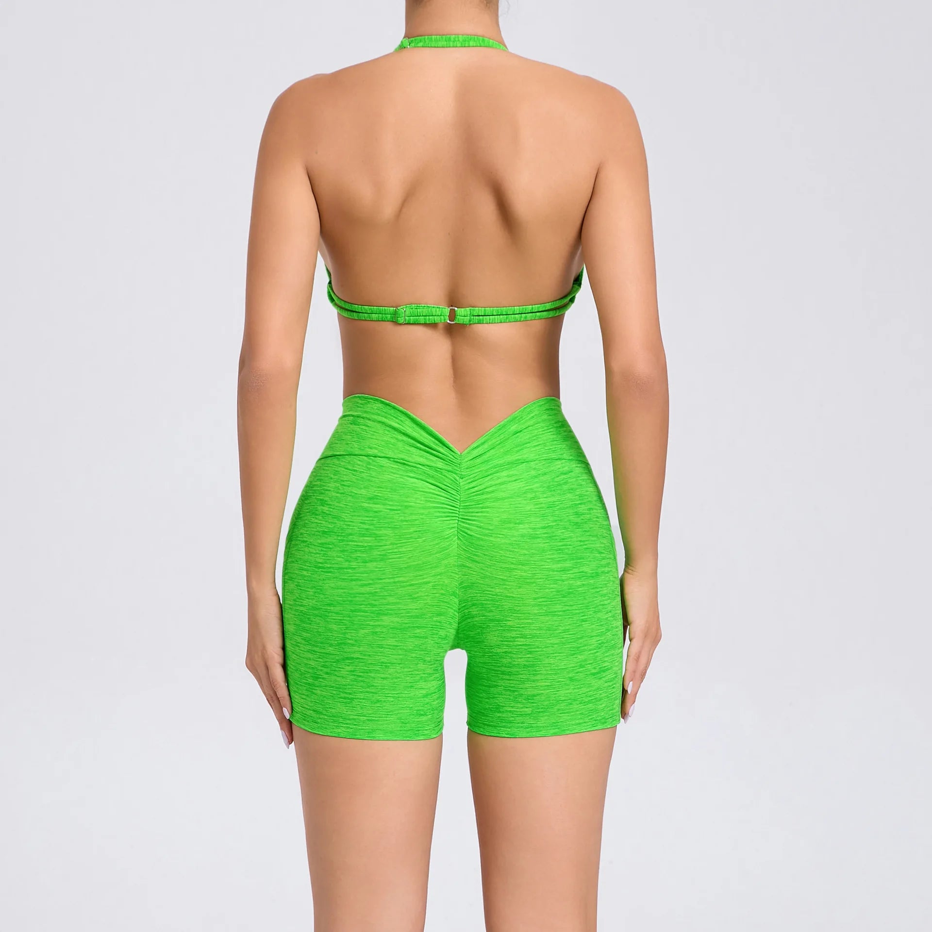 2 Pieces Sports Set Yoga Fitness Waist High Pockets for Raising Hip Shorts Backless Bra Suits Training Leggings Set for Women