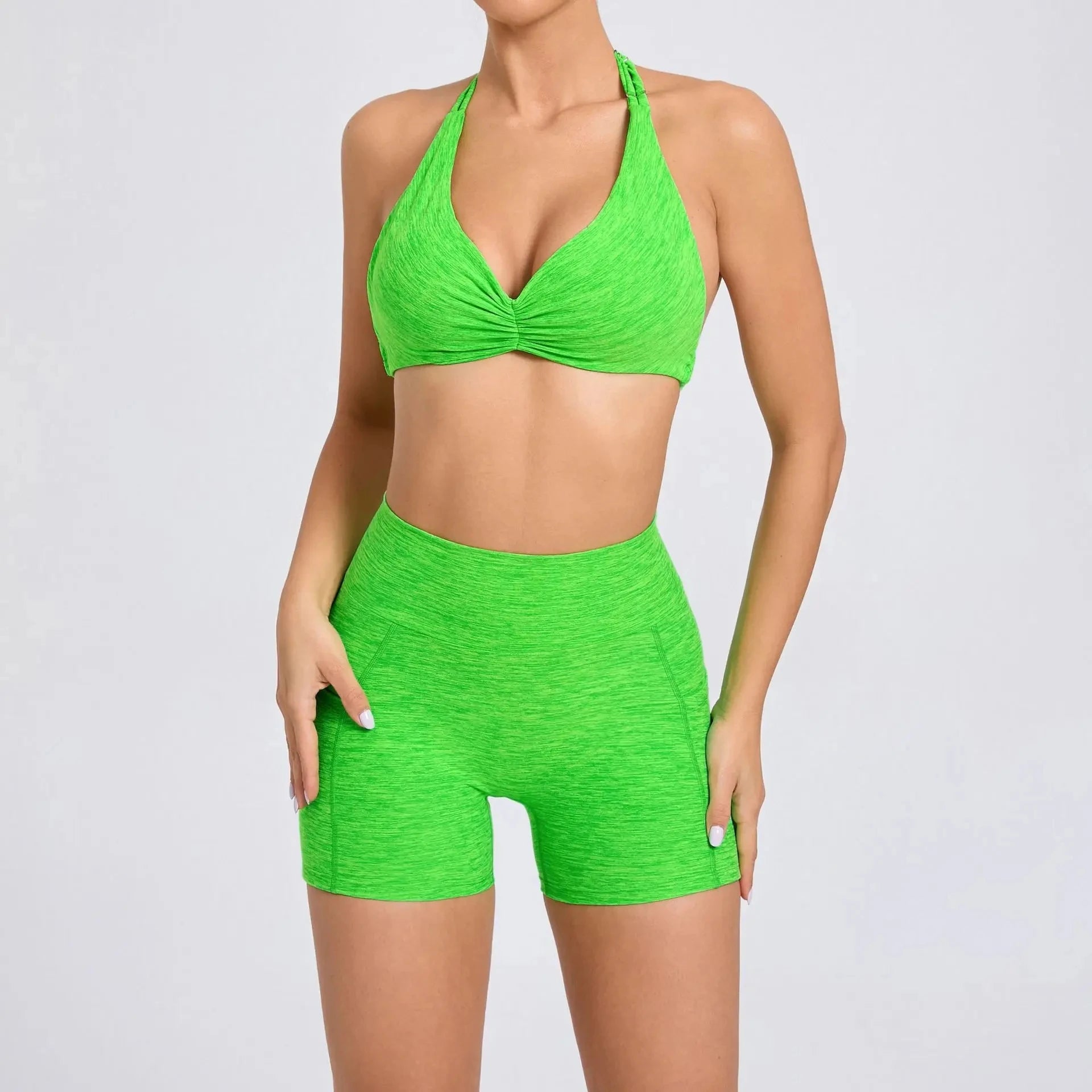 2 Pieces Sports Set Yoga Fitness Waist High Pockets for Raising Hip Shorts Backless Bra Suits Training Leggings Set for Women