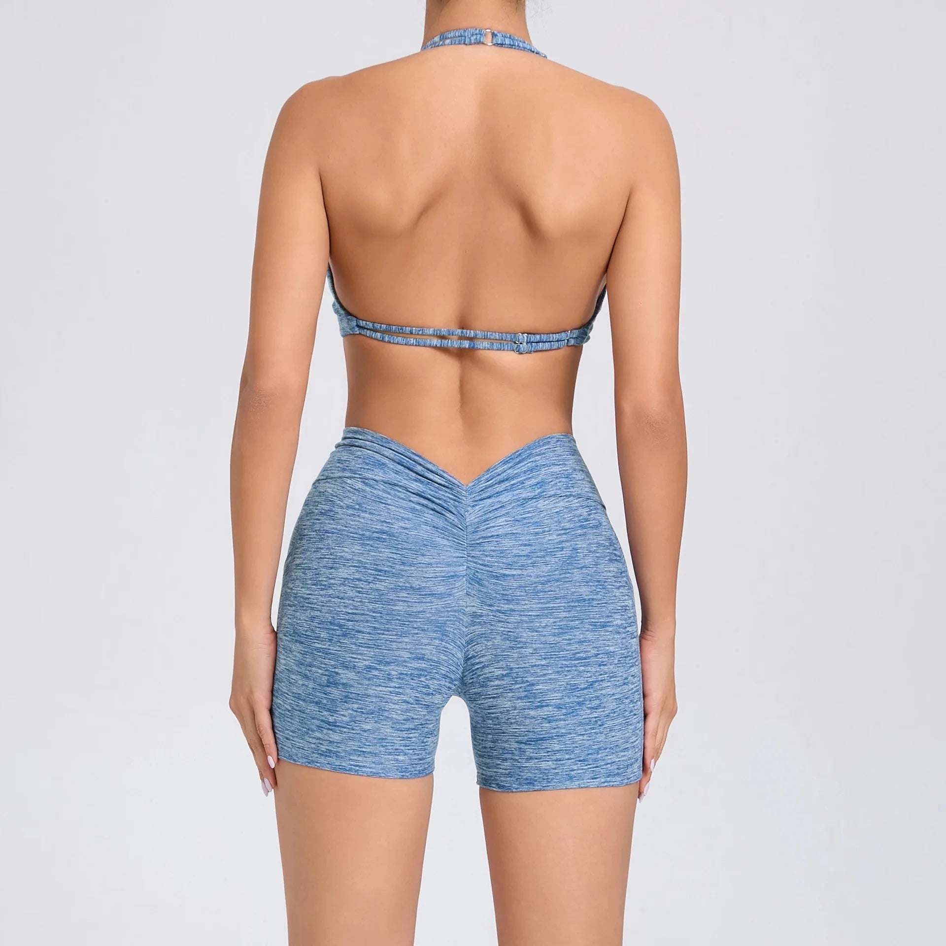 2 Pieces Sports Set Yoga Fitness Waist High Pockets for Raising Hip Shorts Backless Bra Suits Training Leggings Set for Women