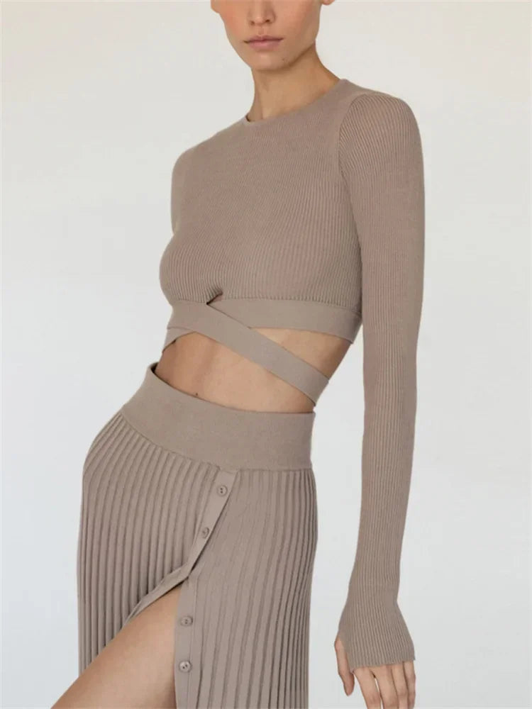 Ribbed Knit Crop Top & Pleated Skirt Set