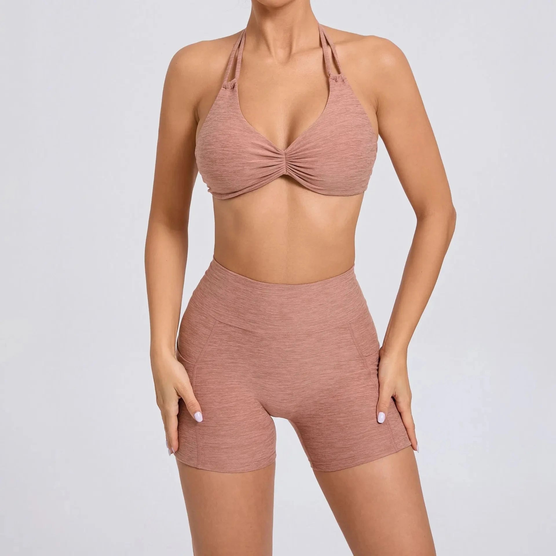 2 Pieces Sports Set Yoga Fitness Waist High Pockets for Raising Hip Shorts Backless Bra Suits Training Leggings Set for Women