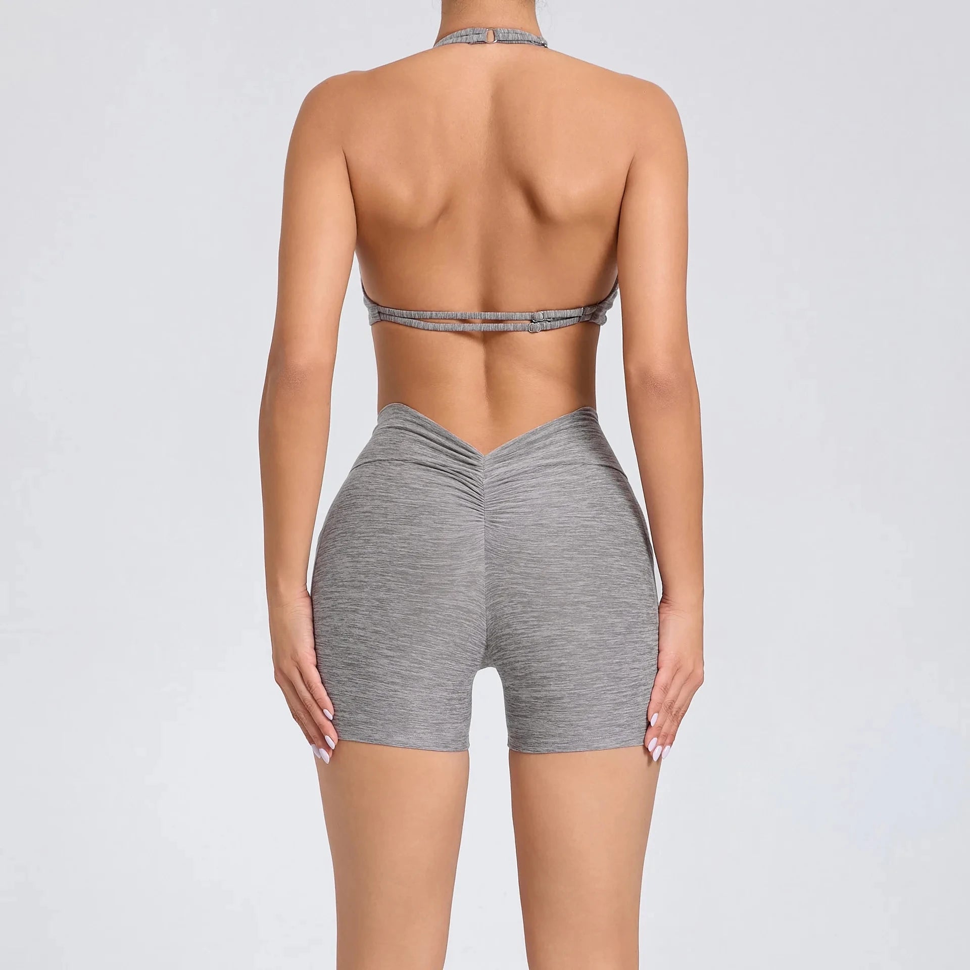 2 Pieces Sports Set Yoga Fitness Waist High Pockets for Raising Hip Shorts Backless Bra Suits Training Leggings Set for Women