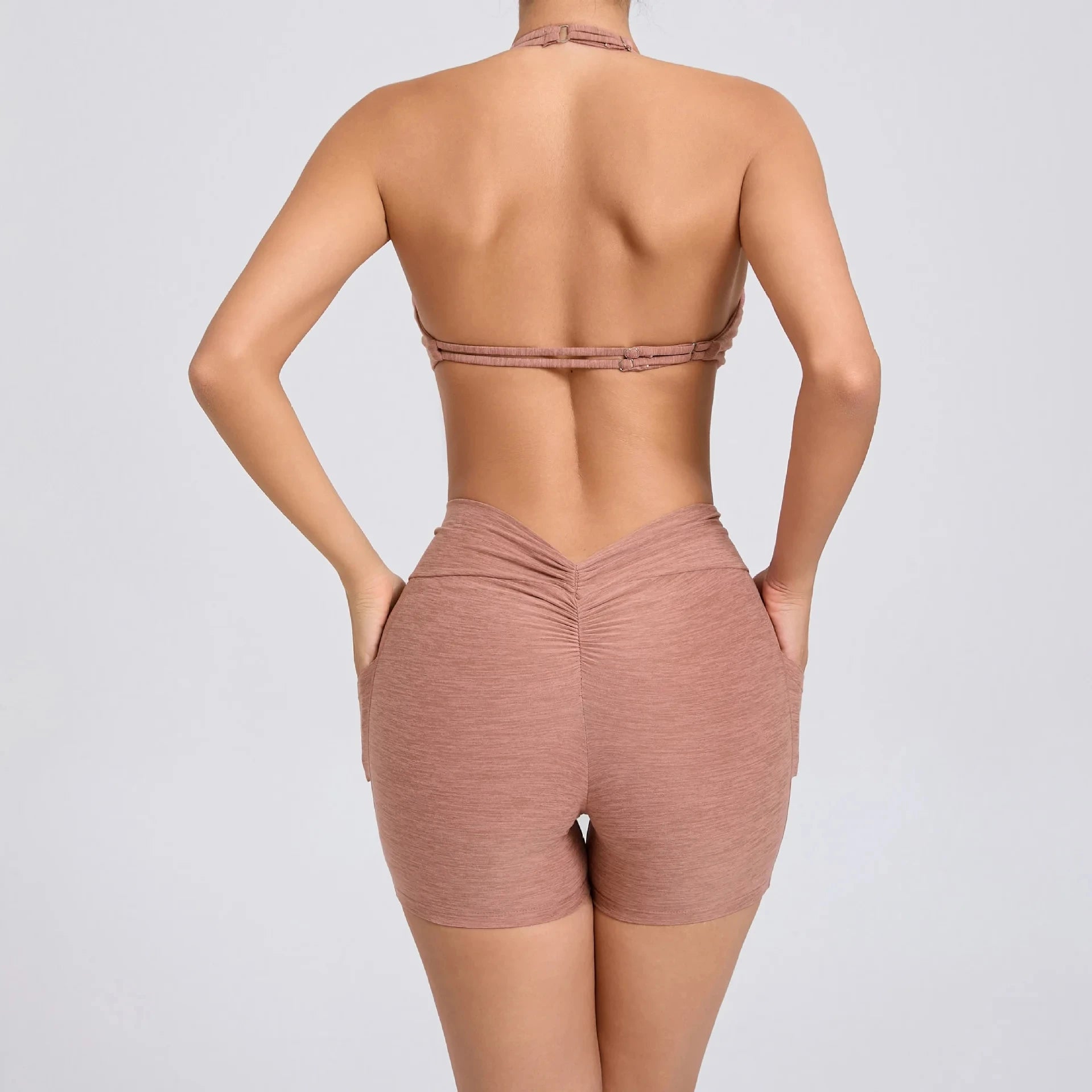 2 Pieces Sports Set Yoga Fitness Waist High Pockets for Raising Hip Shorts Backless Bra Suits Training Leggings Set for Women