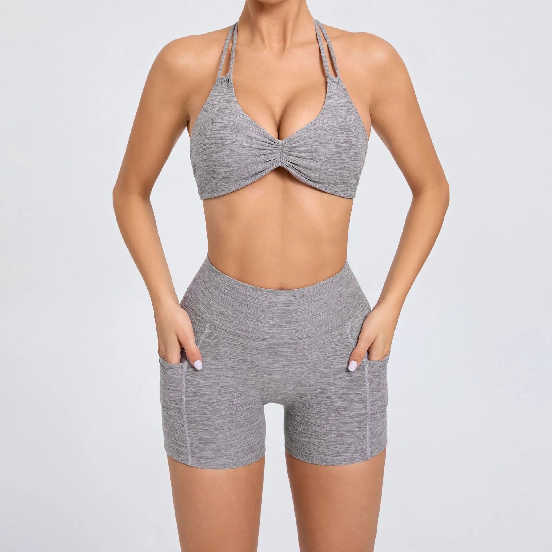 2 Pieces Sports Set Yoga Fitness Waist High Pockets for Raising Hip Shorts Backless Bra Suits Training Leggings Set for Women