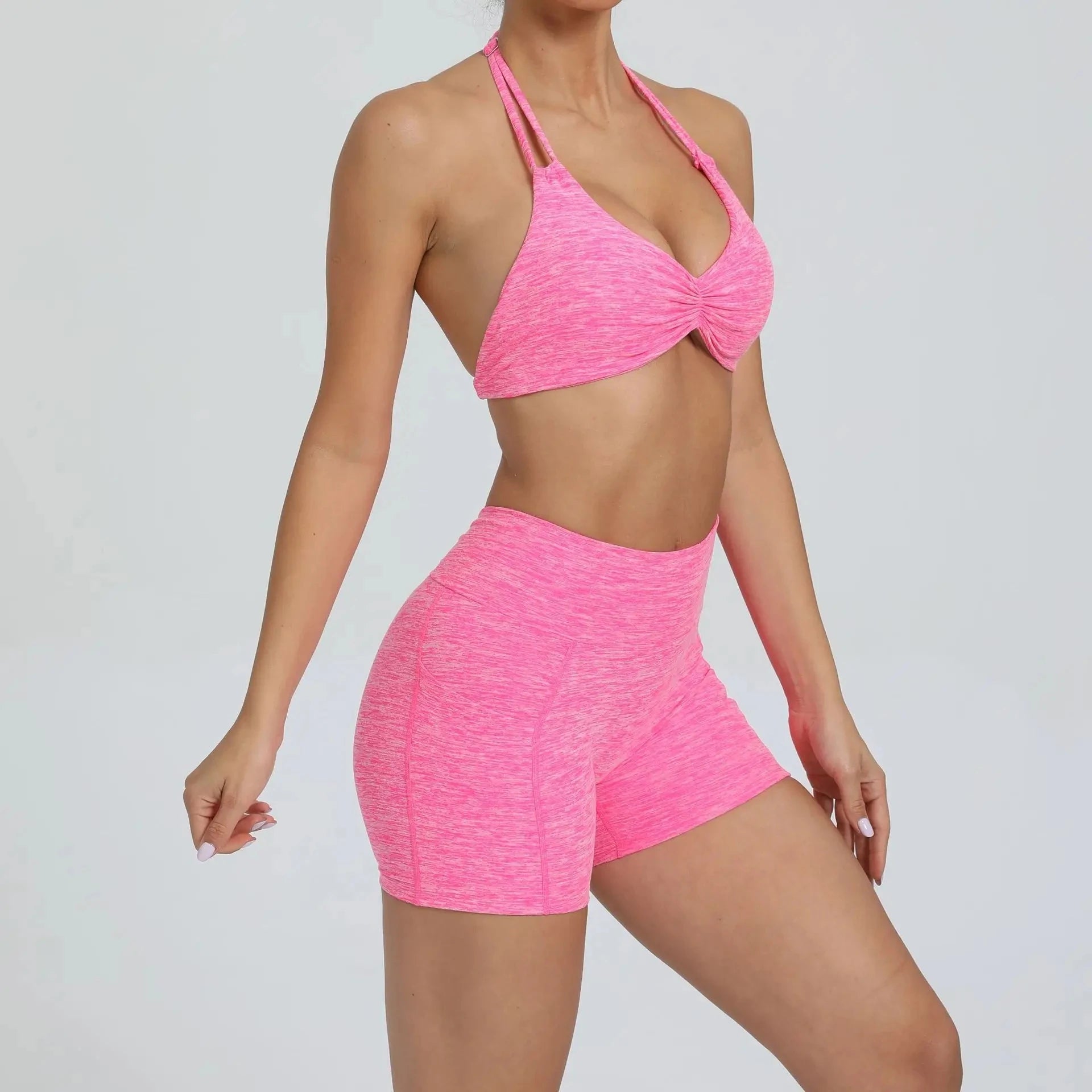 2 Pieces Sports Set Yoga Fitness Waist High Pockets for Raising Hip Shorts Backless Bra Suits Training Leggings Set for Women