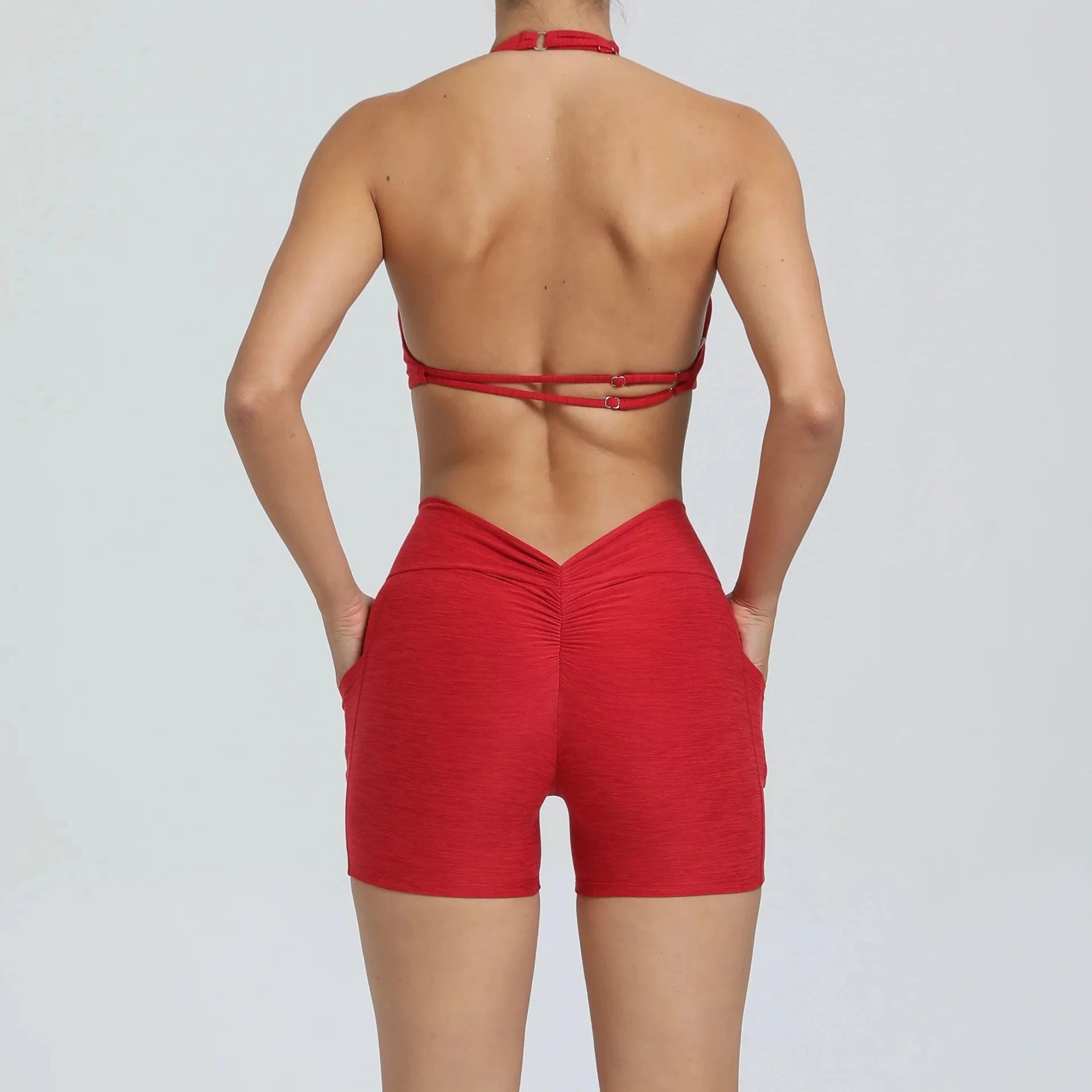 2 Pieces Sports Set Yoga Fitness Waist High Pockets for Raising Hip Shorts Backless Bra Suits Training Leggings Set for Women