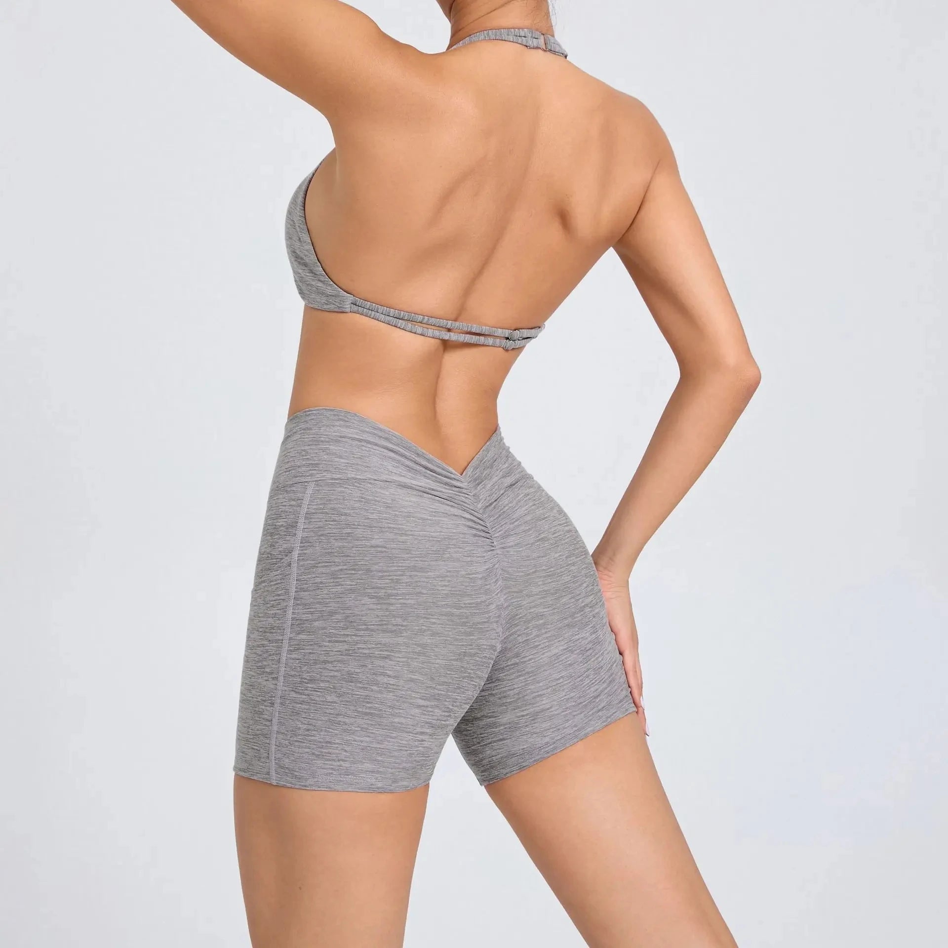 2 Pieces Sports Set Yoga Fitness Waist High Pockets for Raising Hip Shorts Backless Bra Suits Training Leggings Set for Women