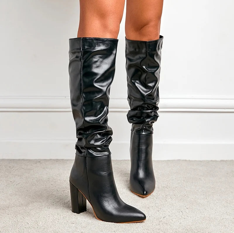 Sleek Black Slouch High-Heel Boots