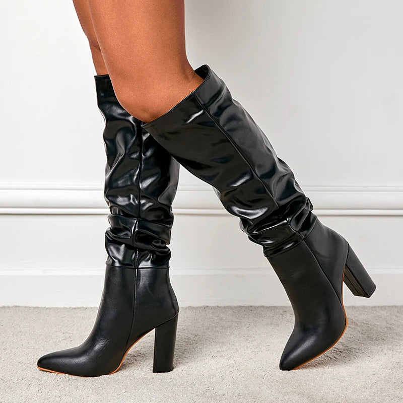 Sleek Black Slouch High-Heel Boots