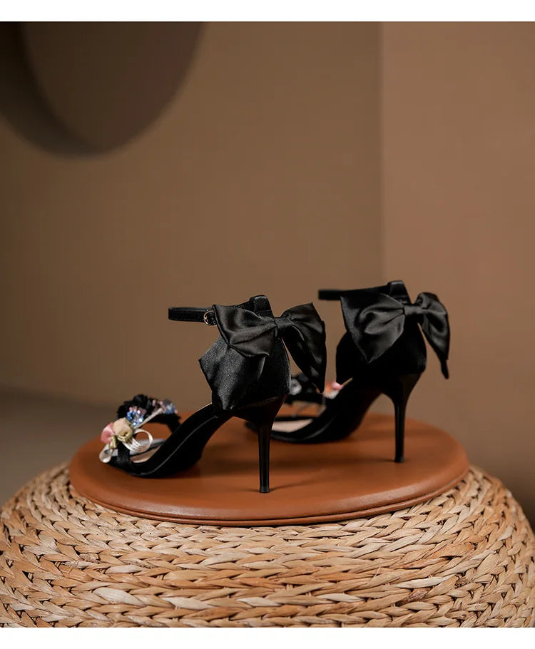 Floral Bow Ankle Strap Heels