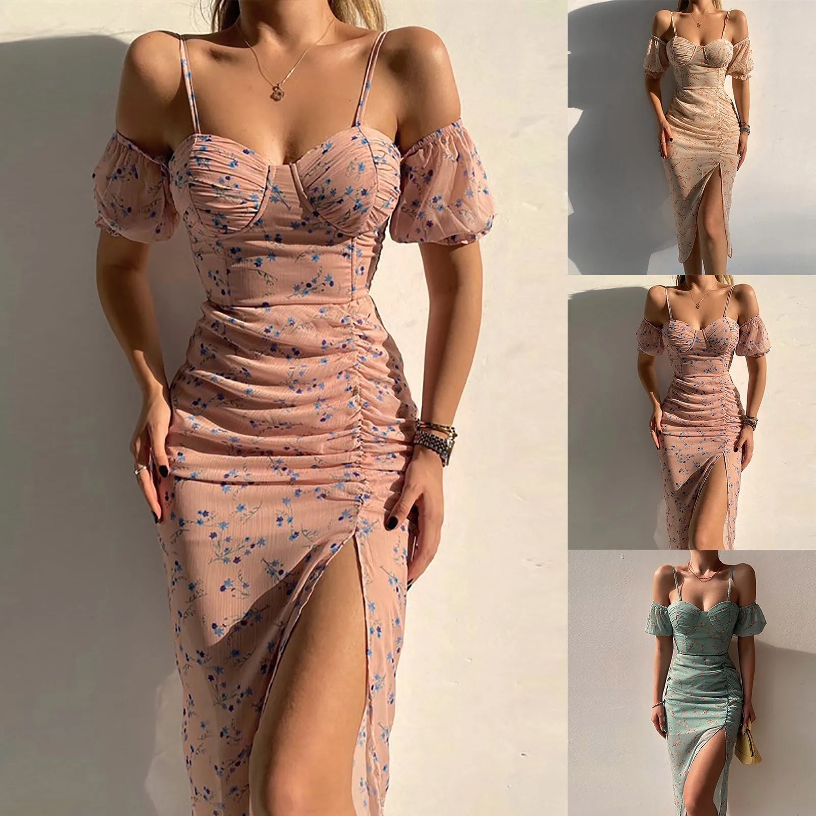 Floral Ruched Off-Shoulder Midi Dress