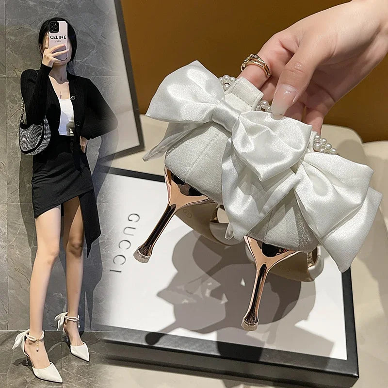 Satin Pearl Bow Stiletto Heels