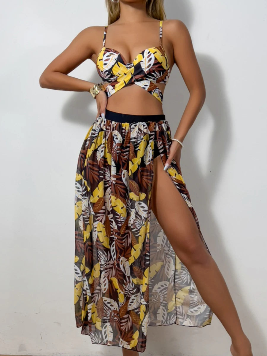 Tropical Print Bikini & Maxi Skirt Set
