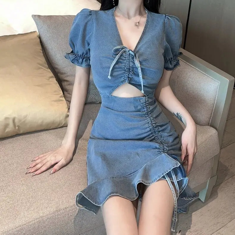 Lace-Up Cutout Denim Mini Dress