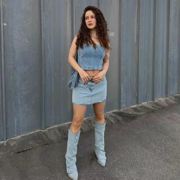 Distressed Denim Pointed Boots