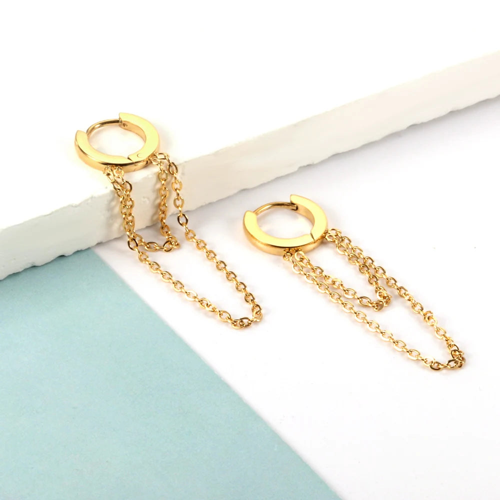 Gold Hoop Earrings with Double Chain Drop