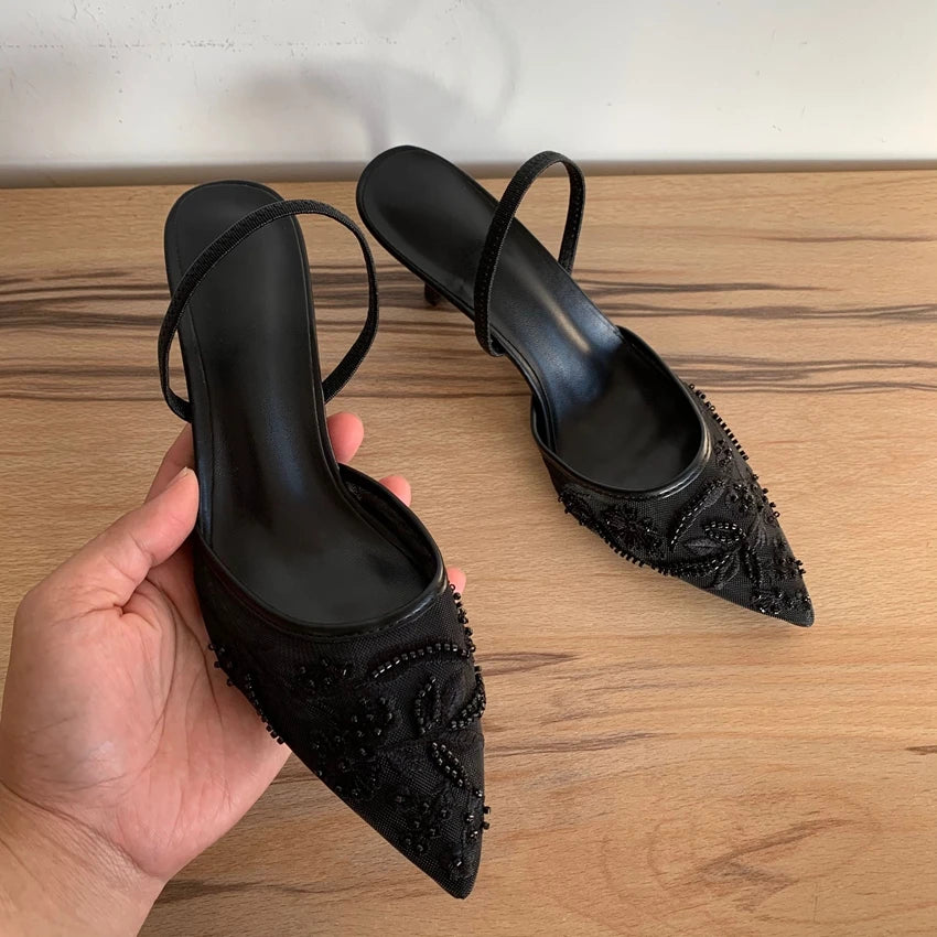 Embroidered Slingback Kitten Heels