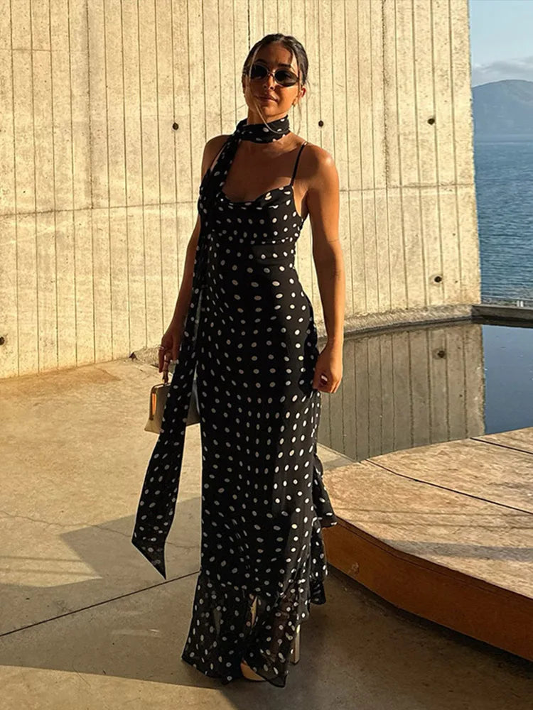 Midnight Polka Dot Ruffle Maxi Dress