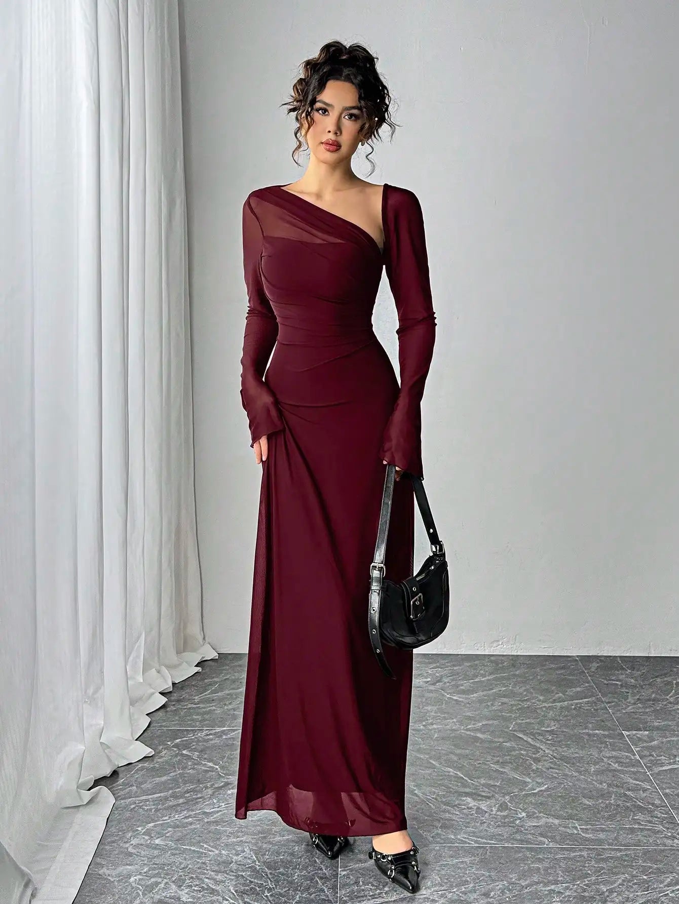 Asymmetrical Sheer Sleeve Evening Gown