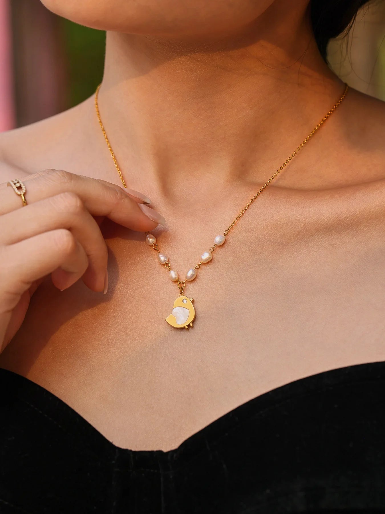 Pearl & Bird Charm Necklace
