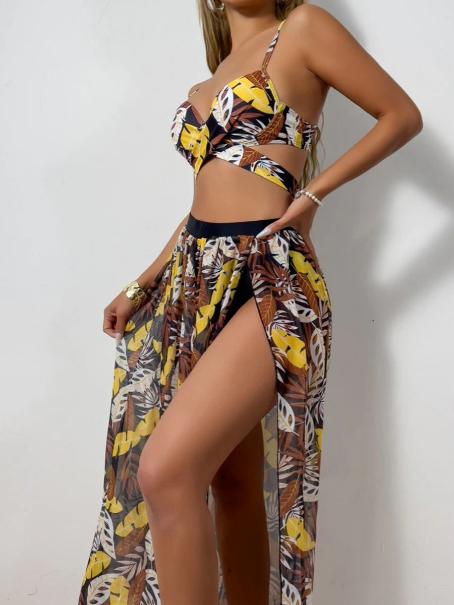Tropical Print Bikini & Maxi Skirt Set