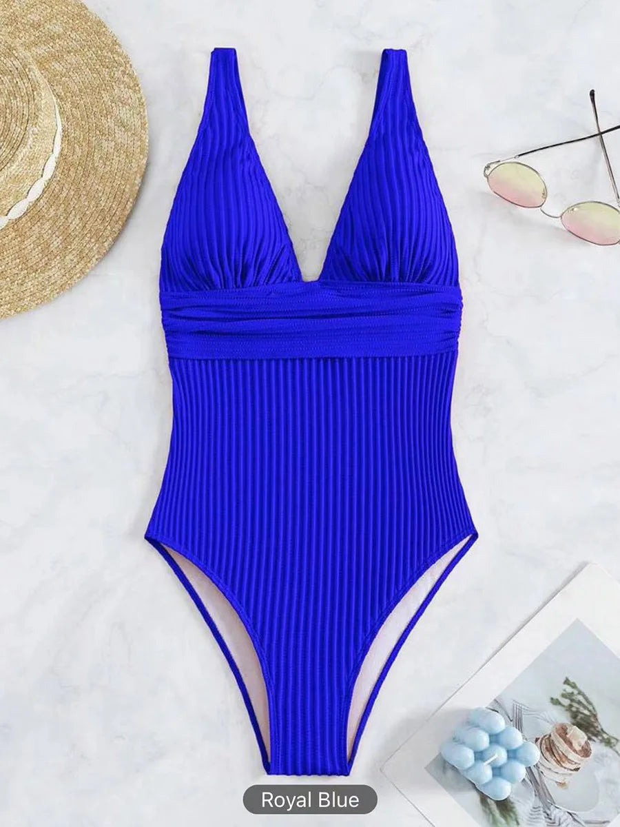 Ribbed V-Neck One-Piece Swimsuit