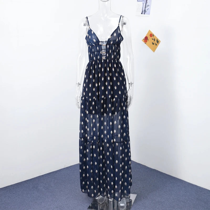 Midnight Polka Dot Ruffle Maxi Dress
