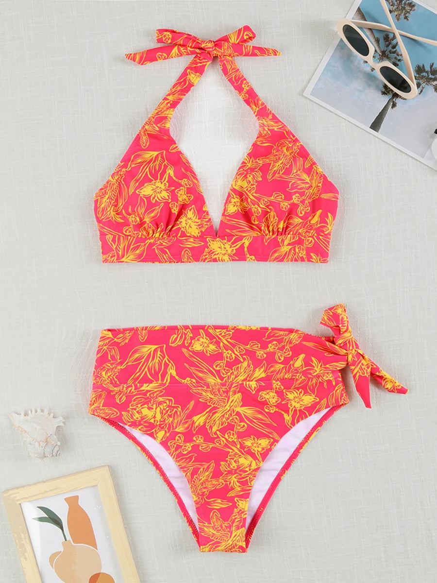 Swirl High-Waist Halter Bikini Set