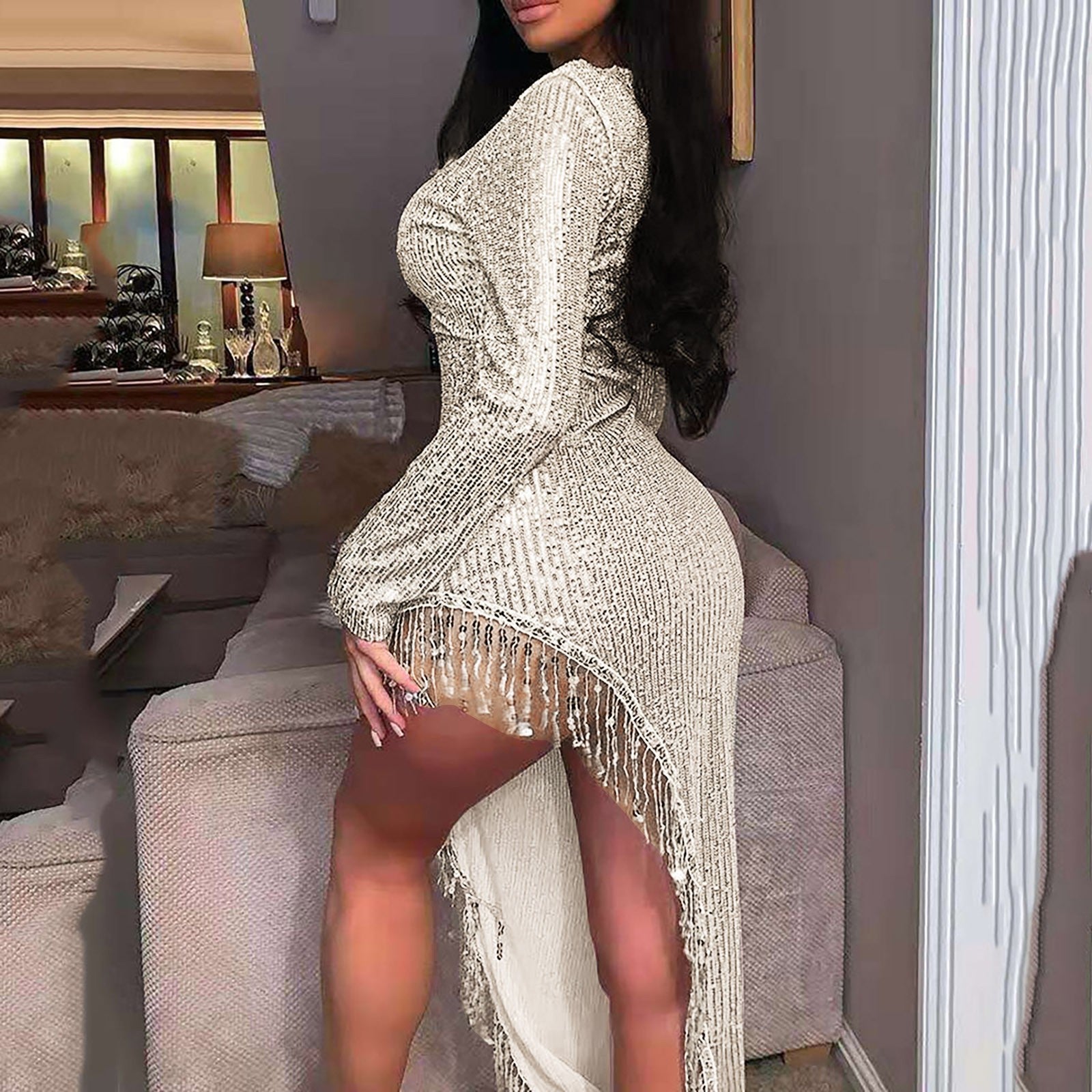 Long Sleeve Sequin Fringe Party Dress