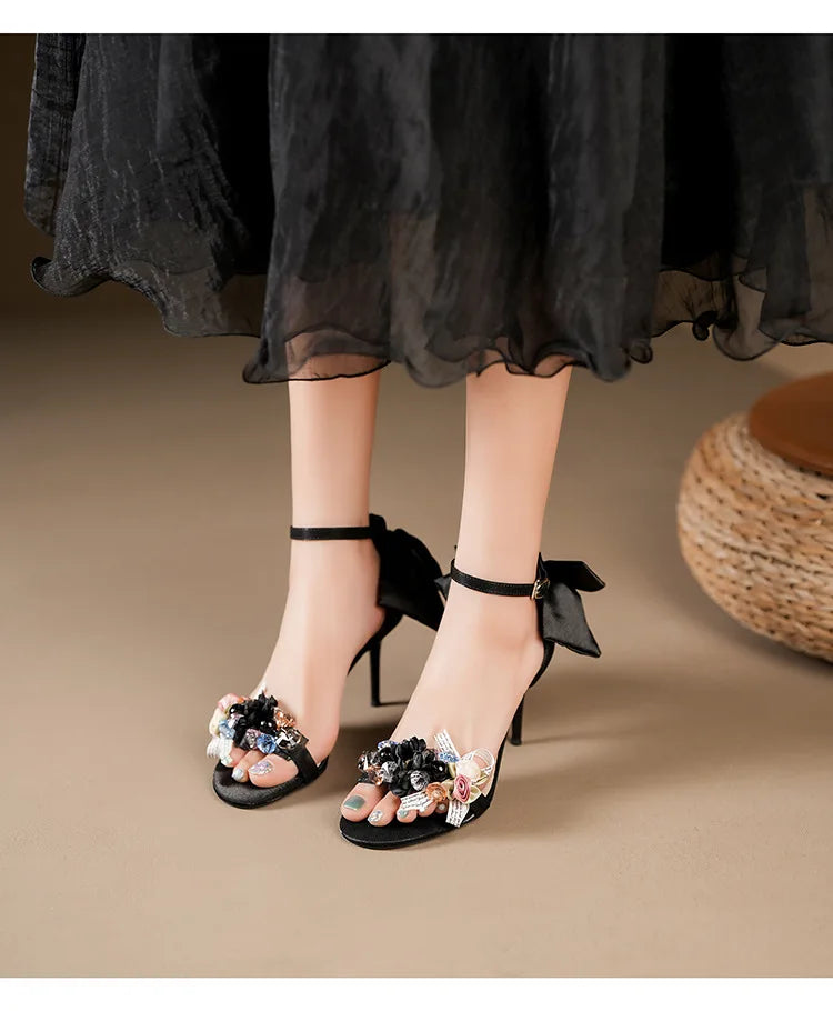 Floral Bow Ankle Strap Heels