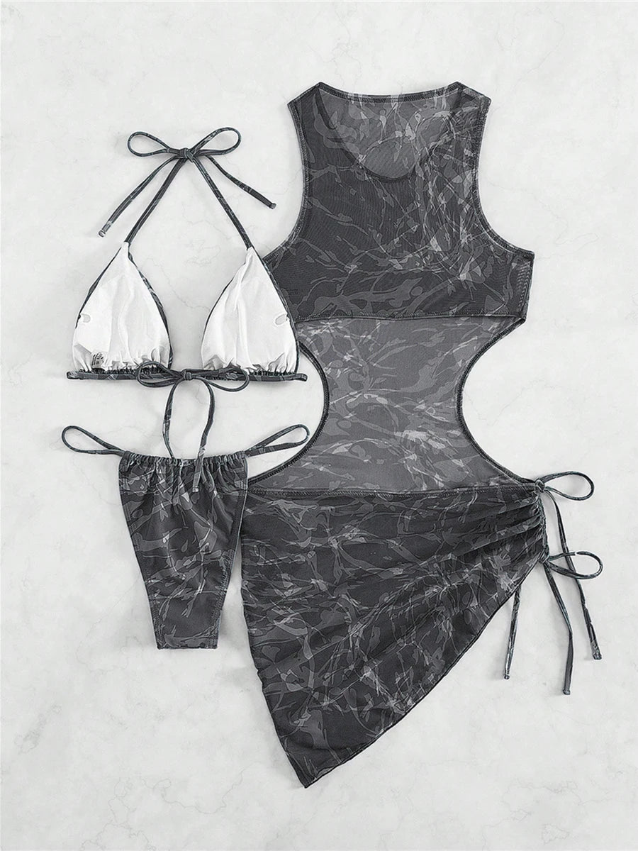 Sheer Mesh Cutout Swimsuit Dress