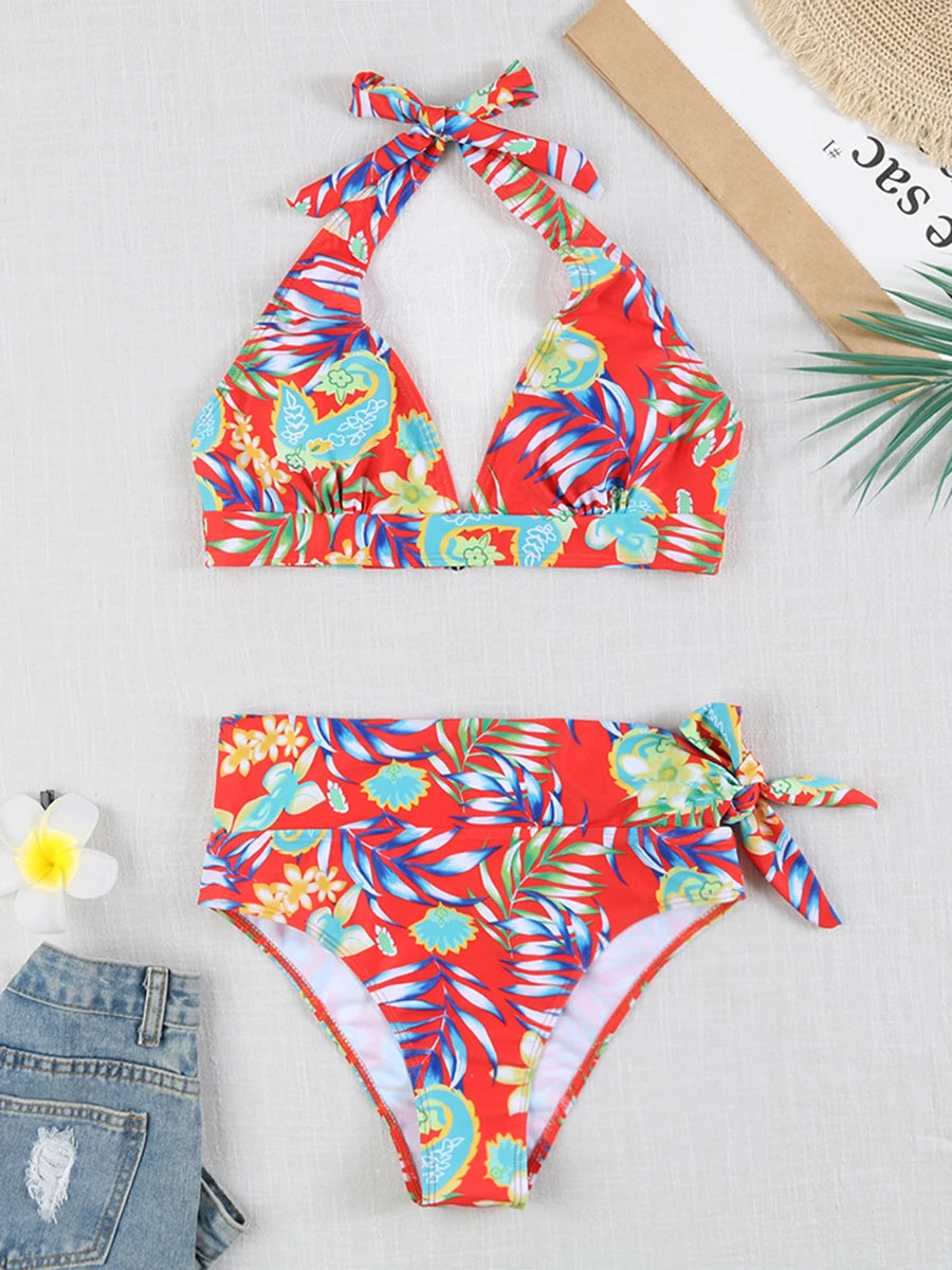 Swirl High-Waist Halter Bikini Set