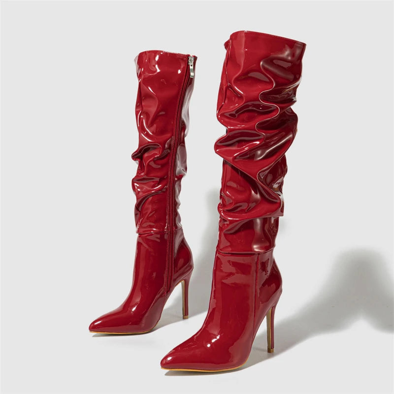 Sleek Patent Ruched Over-the-Knee Boots
