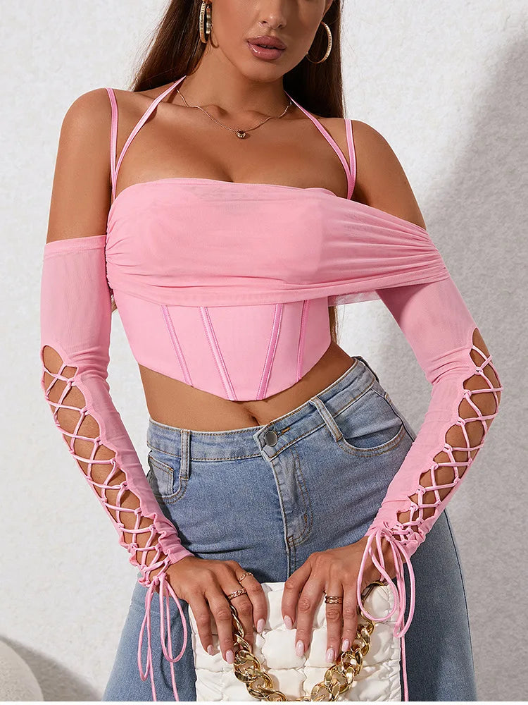 Lace-Up Sleeve Mesh Corset Top