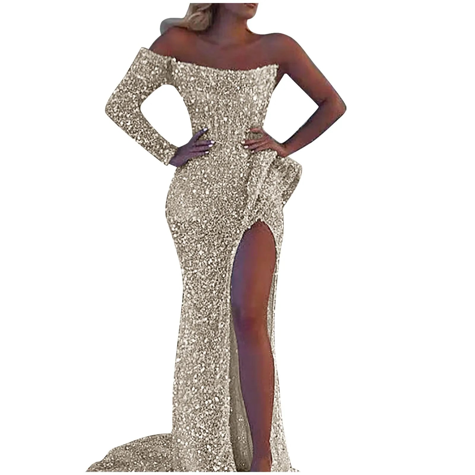 Off-Shoulder Sequin Evening Gown