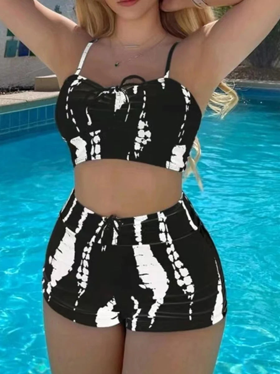 Striped Drawstring Bikini Set with Shorts