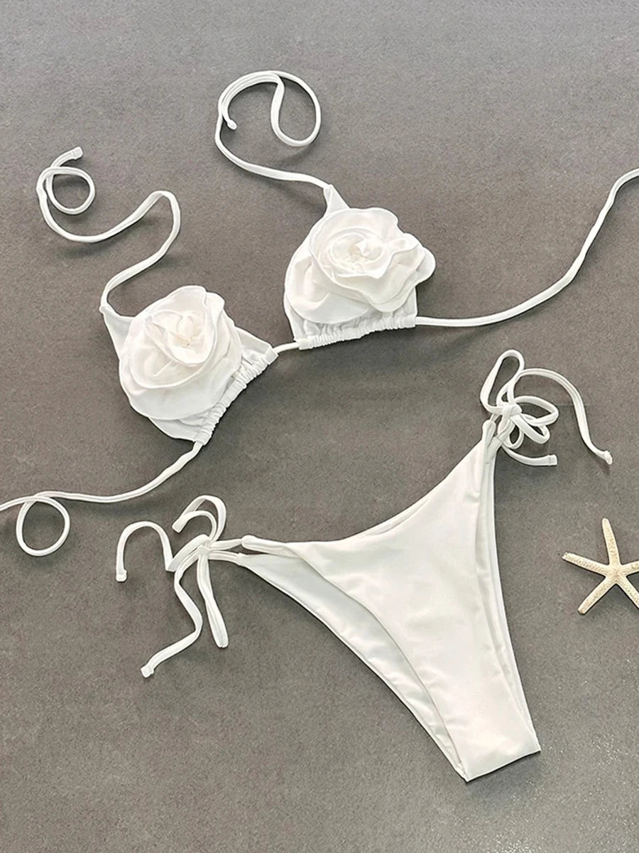 Floral Appliqué Strappy Bikini Set