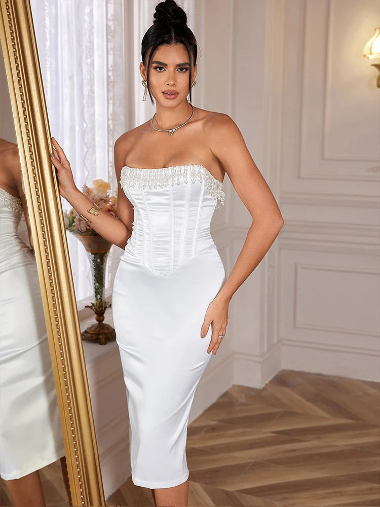 Strapless Satin Midi Dress
