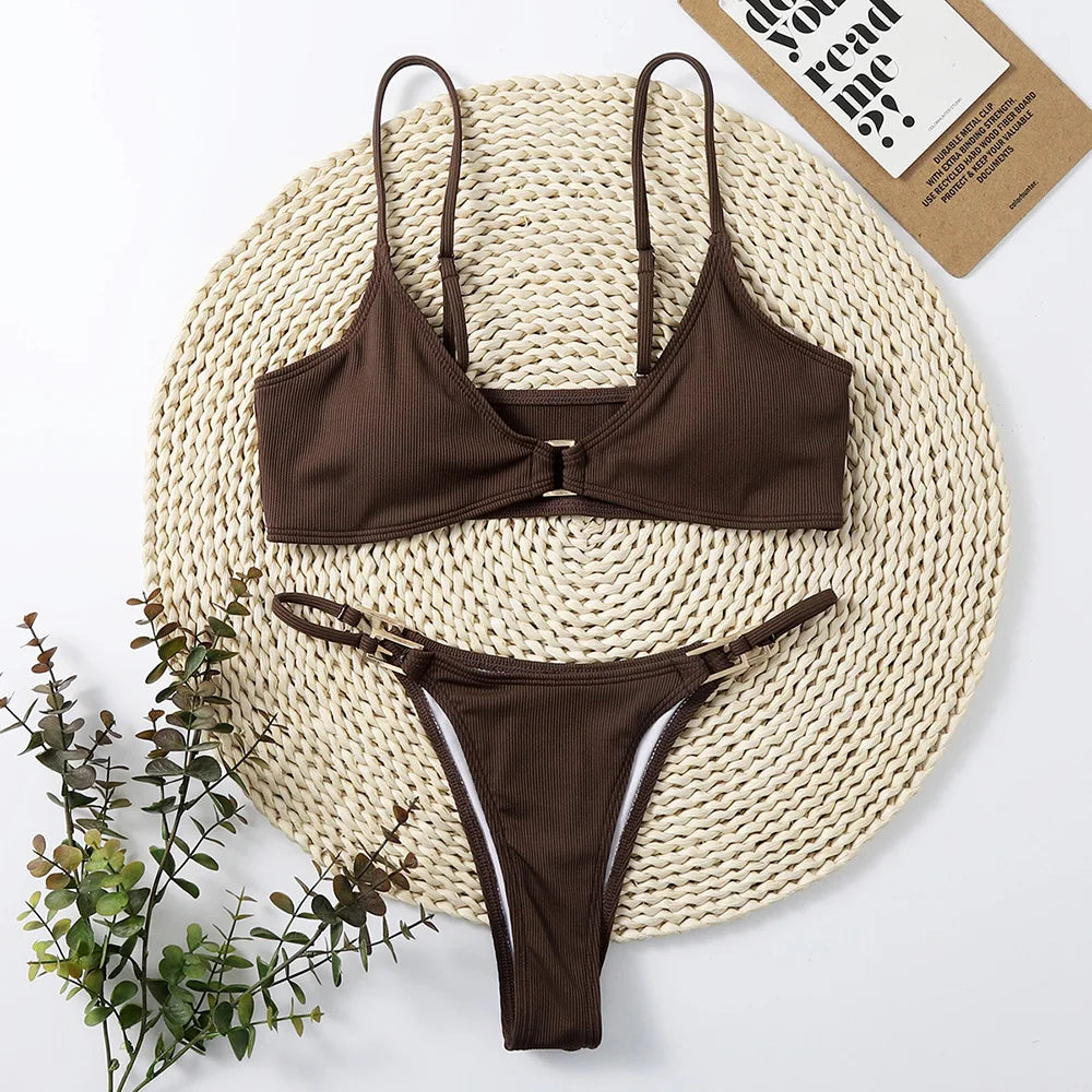 Ribbed Bikini with Gold Hardware